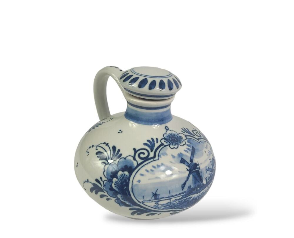 Delft Holland Vintage Hand Painted Blue White Windmills Zenith Carafe Dutch BOLS